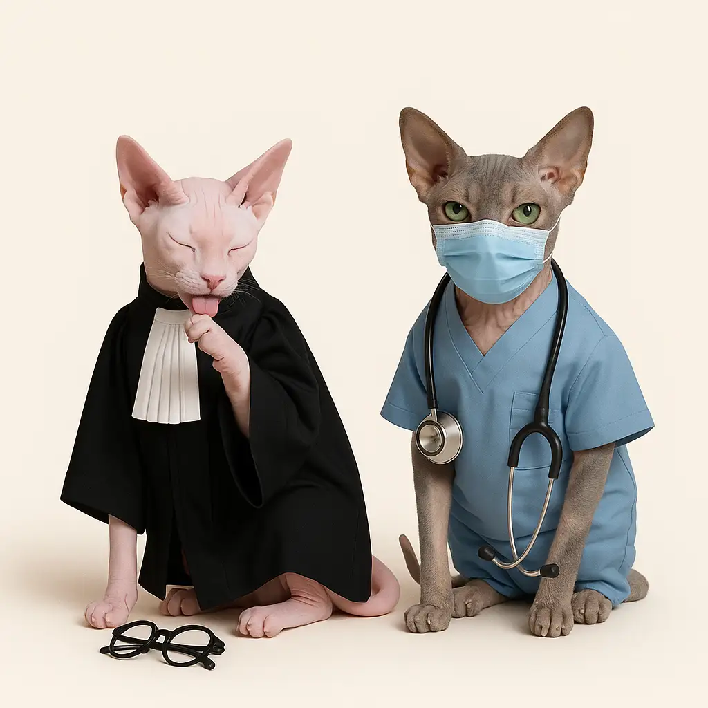 Deux chats Sphynx déguisés, l’un en avocat et l’autre en chirurgien, illustrant la stérilisation obligatoire des chats domestiques.