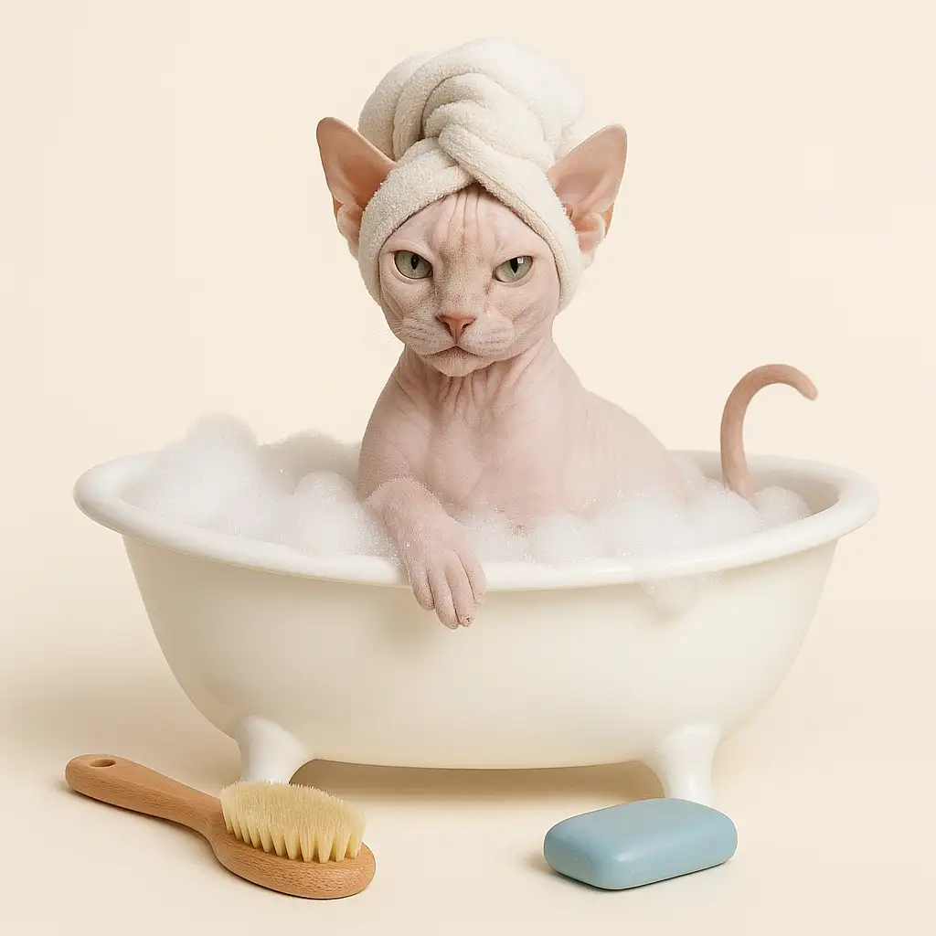 Chat Sphynx prenant un bain moussant avec une serviette sur la tête, une brosse et une savonnette bleue.