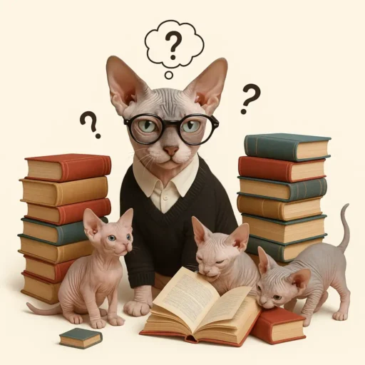 FAQ Sphynx – Conseils et informations utiles sur l’élevage et les soins Chat Sphynx adulte déguisé en bibliothécaire entouré de livres avec plusieurs chatons Sphynx joueurs.