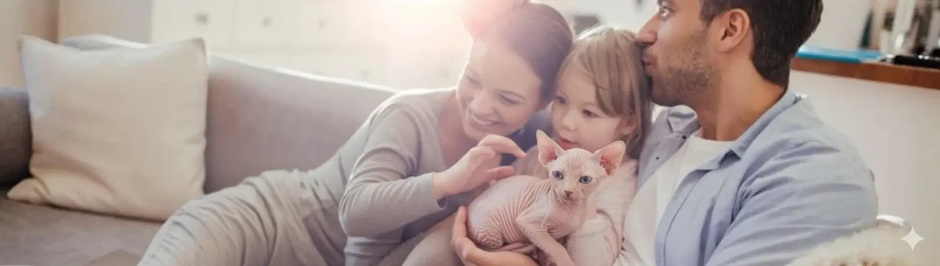 famille heureuse avec chaton sphynx rose sur canapé