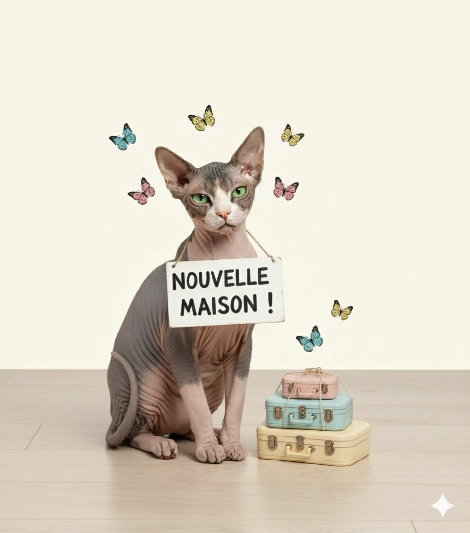 Chat Sphynx assis avec pancarte 'Nouvelle Maison !' et petites valises colorées