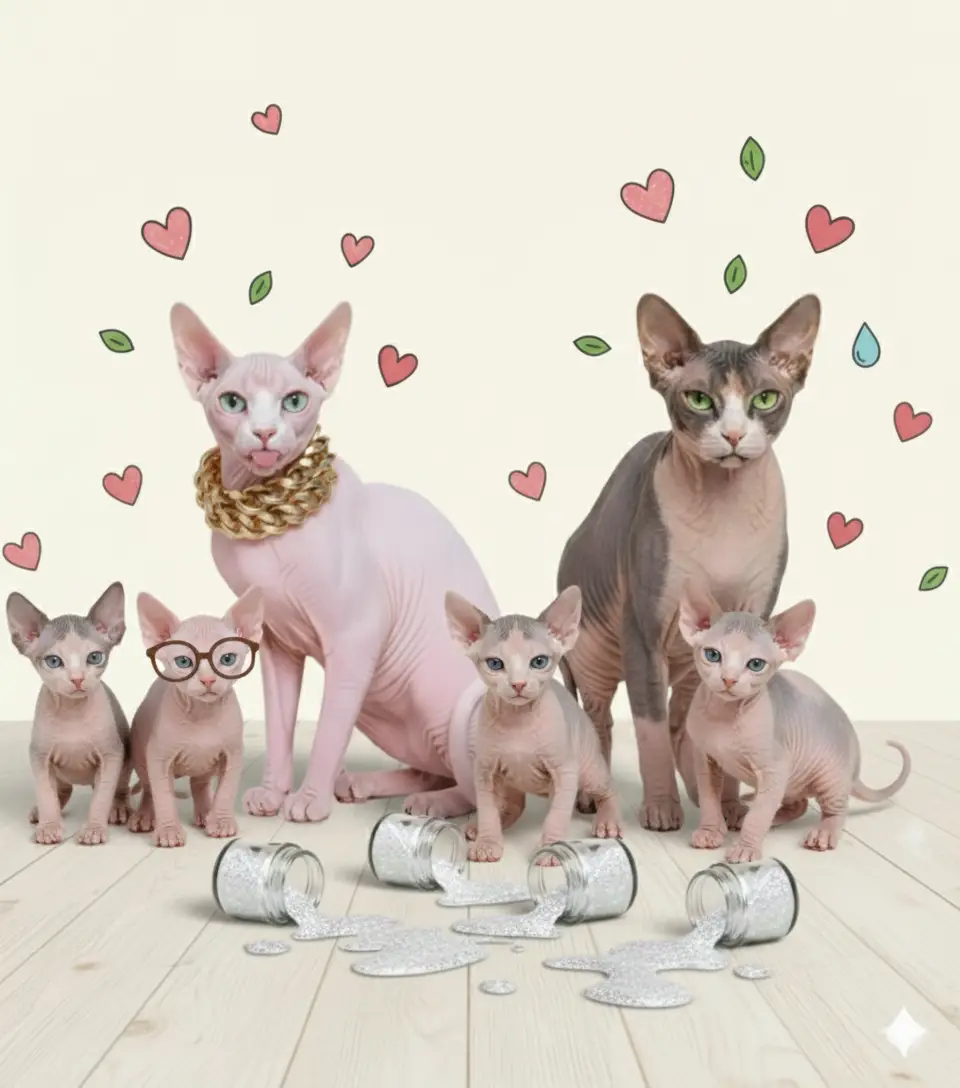 Famille de chats Sphynx : deux adultes (rose avec collier doré, gris) et quatre chatons (un avec lunettes), entourés de cœurs,