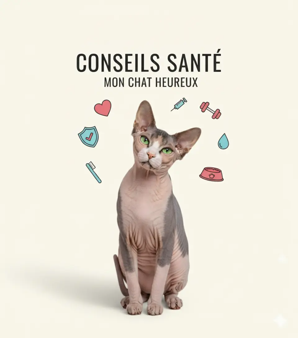 Chat Sphynx reconnaissant hochant la tête avec des icônes de santé pour des conseils sur le bien-être félin