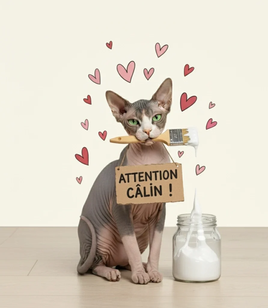 Chat Sphynx gris avec pinceau dans la bouche, pot de colle renversé, pancarte 'Attention Câlin !' et cœurs volants
