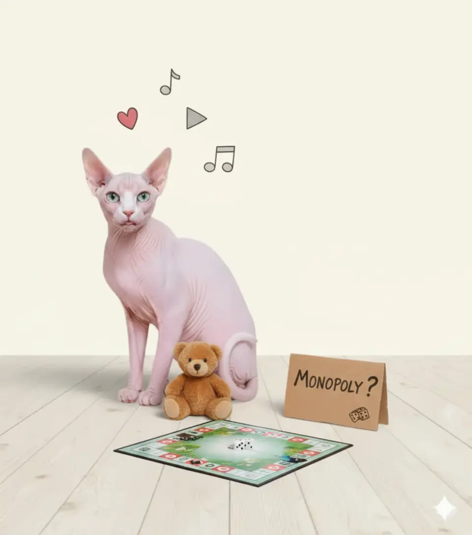 Chat Sphynx rose avec peluche et panneau 'Monopoly ?'