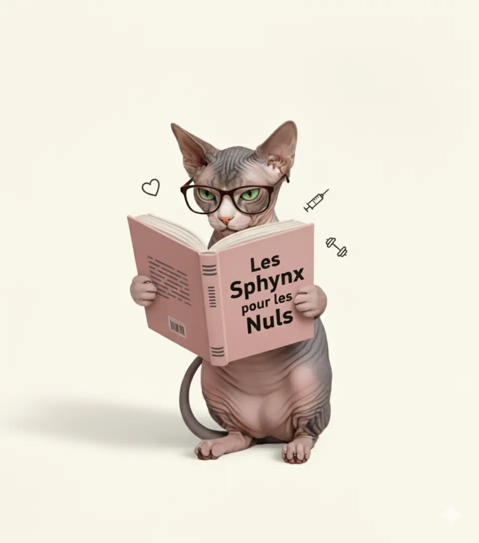 Chat Sphynx intelligent avec lunettes lisant 'Les Sphynx pour les Nuls' pour des conseils de santé